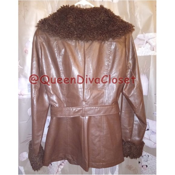 F21 Dark Chocolate Brown Faux Leather Fur Trimmed Belted Retro 90's 70s Jacket L - Picture 4 of 7